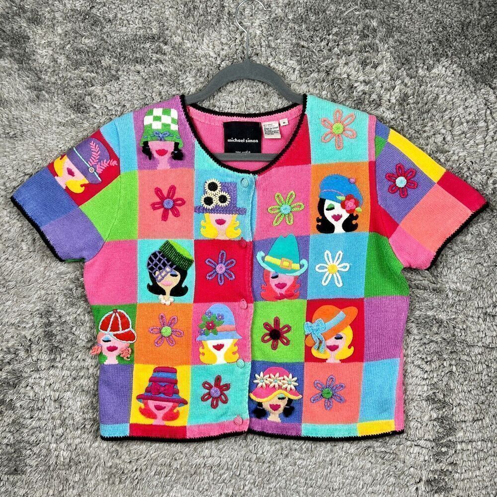 Vintage Michael Simon Sweater Faces Size M Cardigan Short Sleeve *READ*